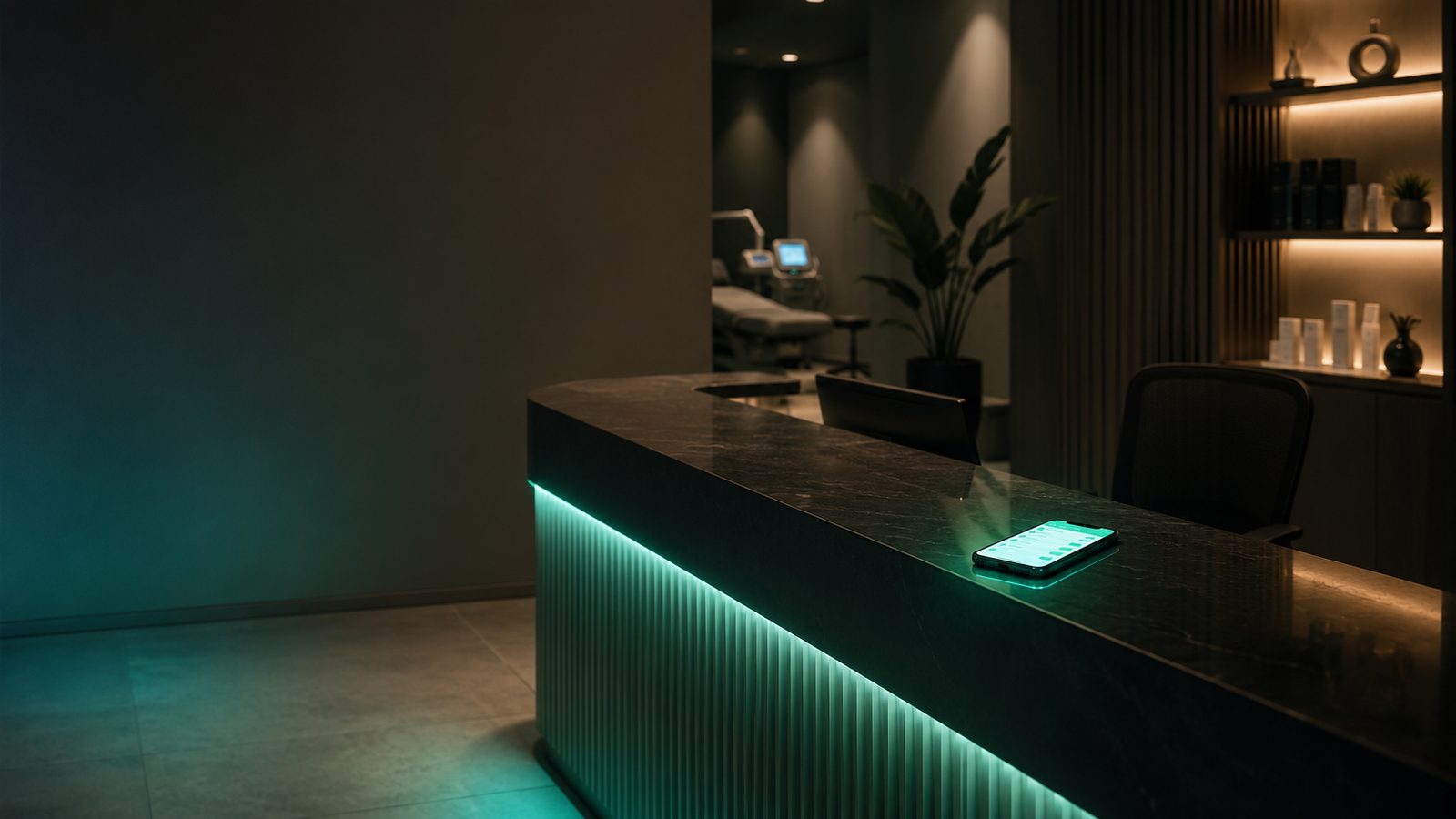 Empty clinic reception at night with a phone showing incoming WhatsApp messages