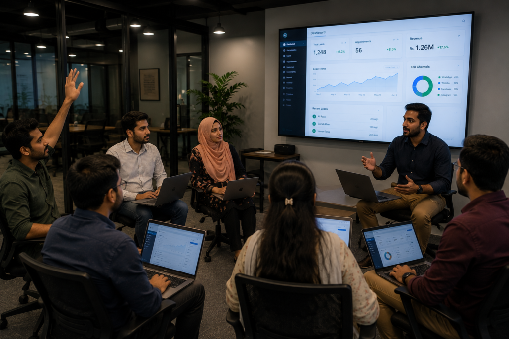 Small-group AI training session with students asking questions
