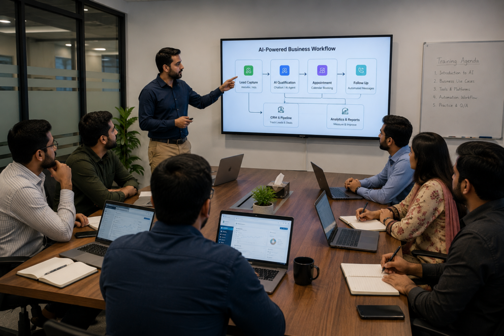 Diagram of an AI business workflow from lead capture to qualification, booking and follow-up