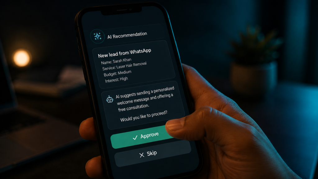 AI recommendation card on a phone with Approve and Skip buttons