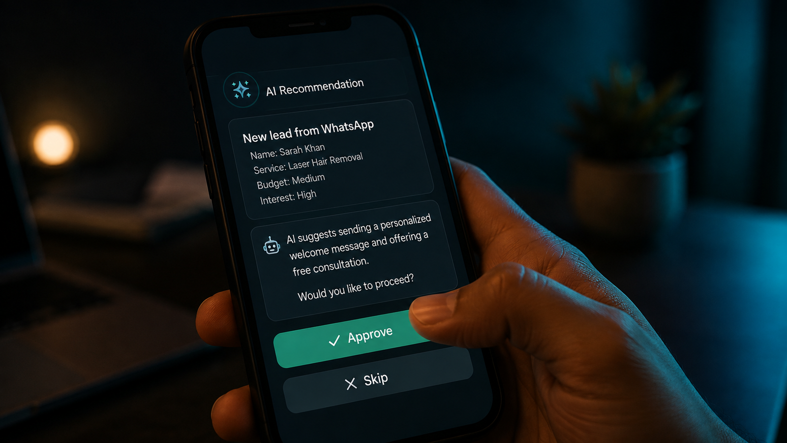 AI recommendation card on a phone with Approve and Skip buttons