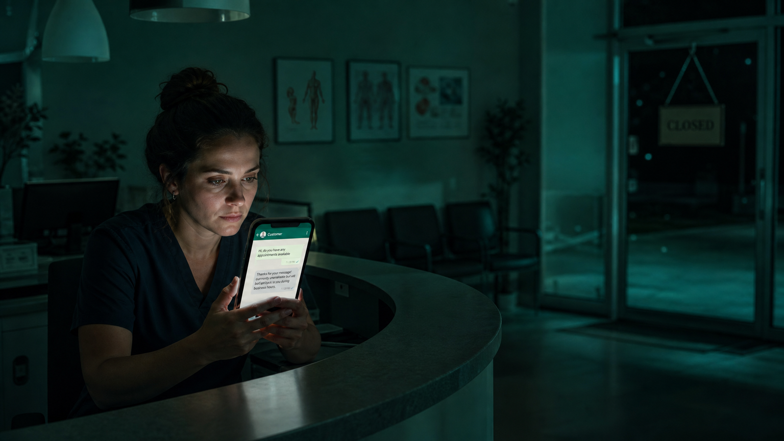Clinic receptionist at night checking a phone where an AI assistant is answering a customer asking about appointment availability, with a closed sign on the door