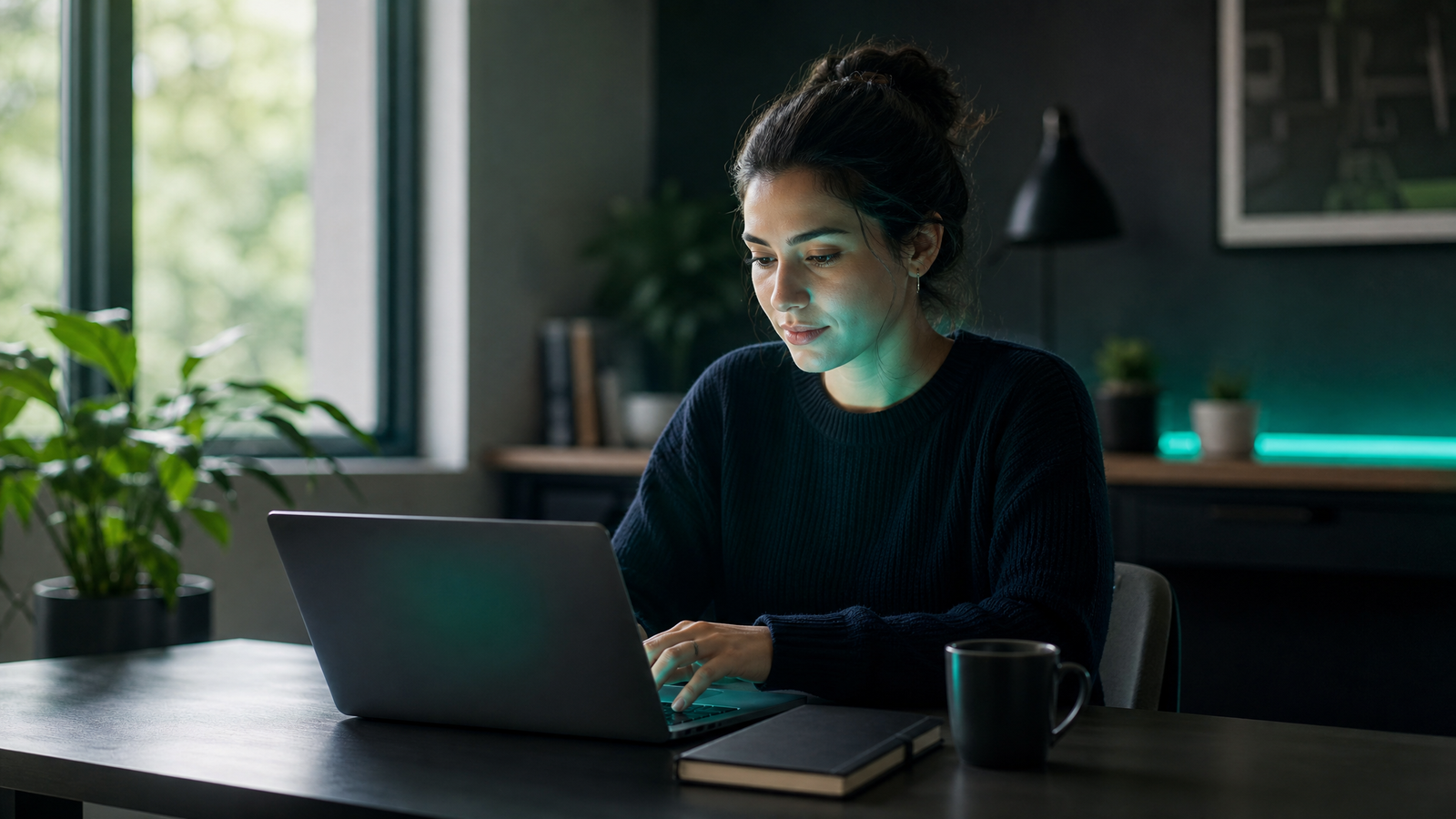 Young professional working calmly at a tidy desk on a laptop, finishing daily work faster with AI