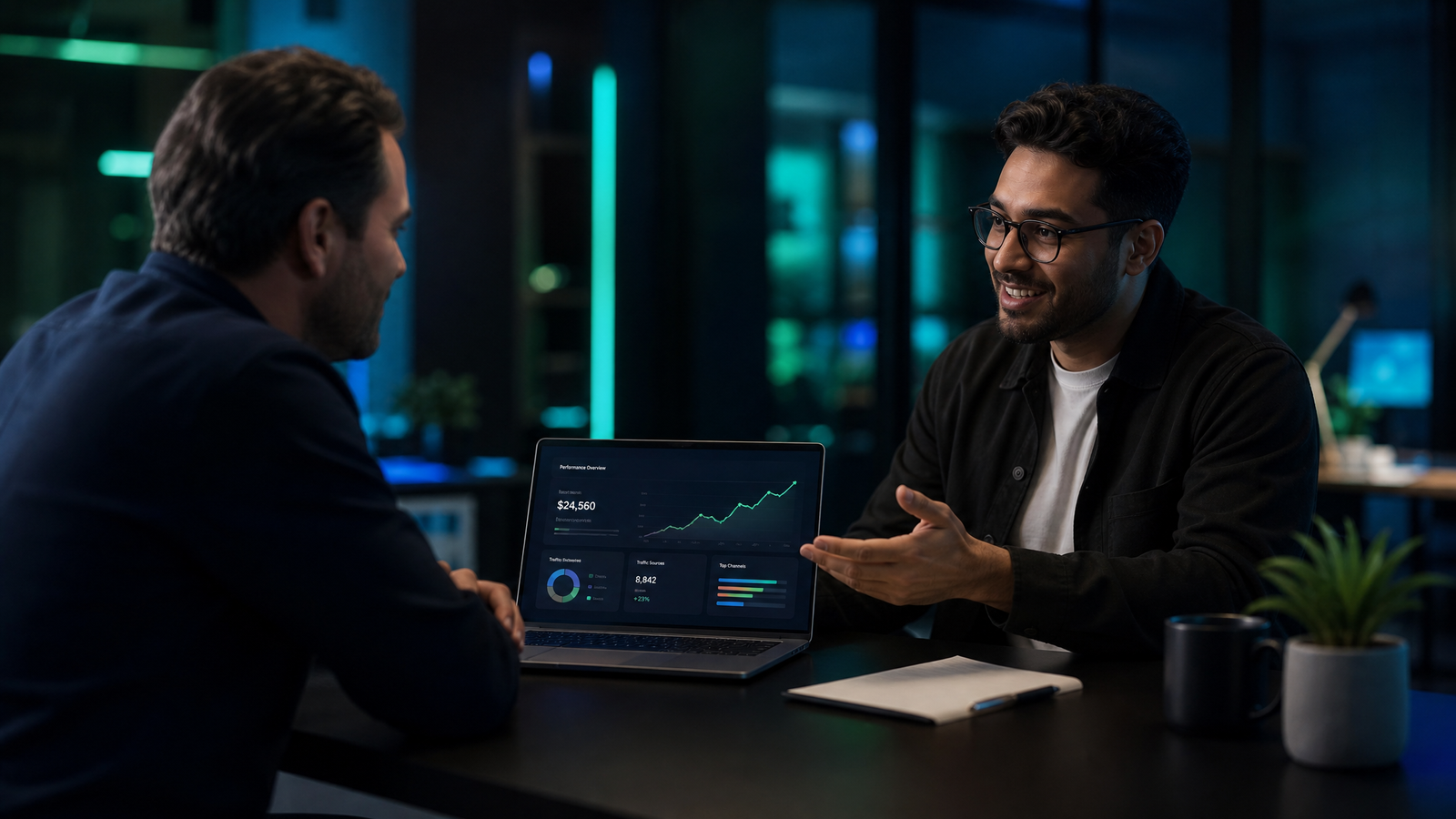 Freelancer presenting a performance dashboard on a laptop to a small business client across a desk